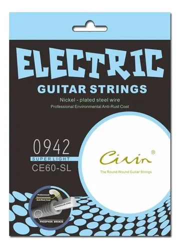 Cuerdas para Guitarra Eléctrica Civin CE60-SL (Calibre 09-42 Super Light) - Con Capa Antioxidante