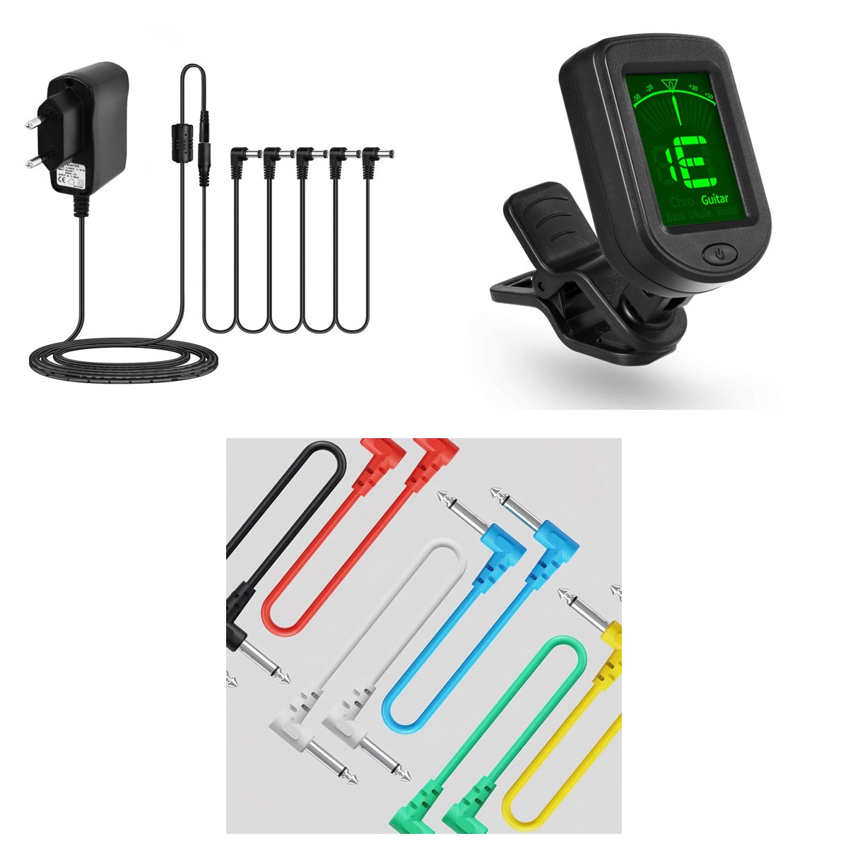 Kit Pedalero Esencial · Fuente 9V + Afinador + 2 Cables Patch