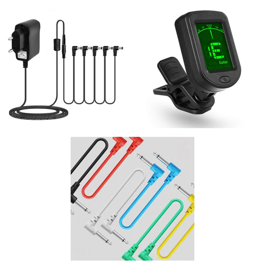 Kit pedalero: fuente Rowin 9V, afinador de pinza Miwayer y cables patch de colores