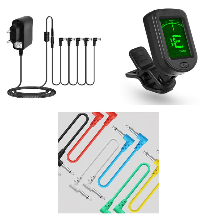 Kit Pedalero Esencial · Fuente 9V + Afinador + 2 Cables Patch